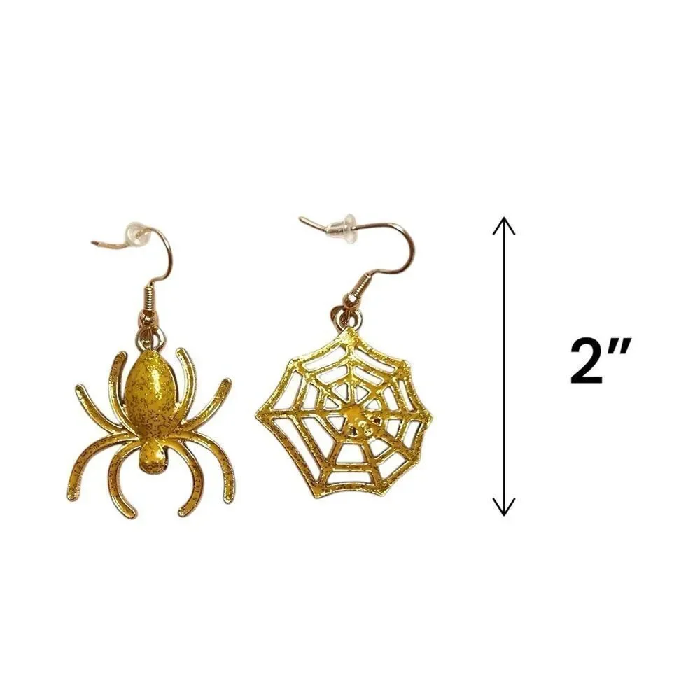 Gold Glitter Spider and Web Halloween Dangle Earrings